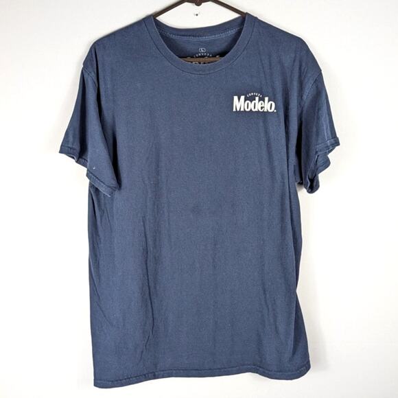 Modelo Cerveza Mens L Blue Graphic T-Shirt 100% Cotton Front Back Beer Logo Tee - Picture 2 of 3